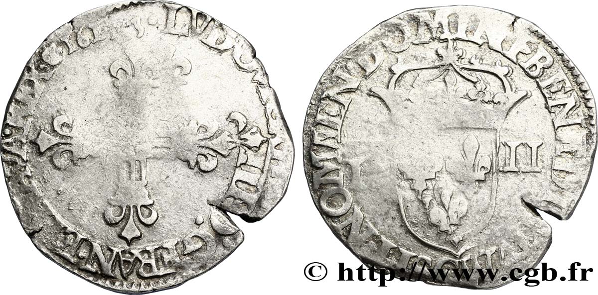 LOUIS XIII LE JUSTE Quart d&nbsp;écu, à la croix fleurdelisée, titulature côté croix 1613 Saint-Lô TB