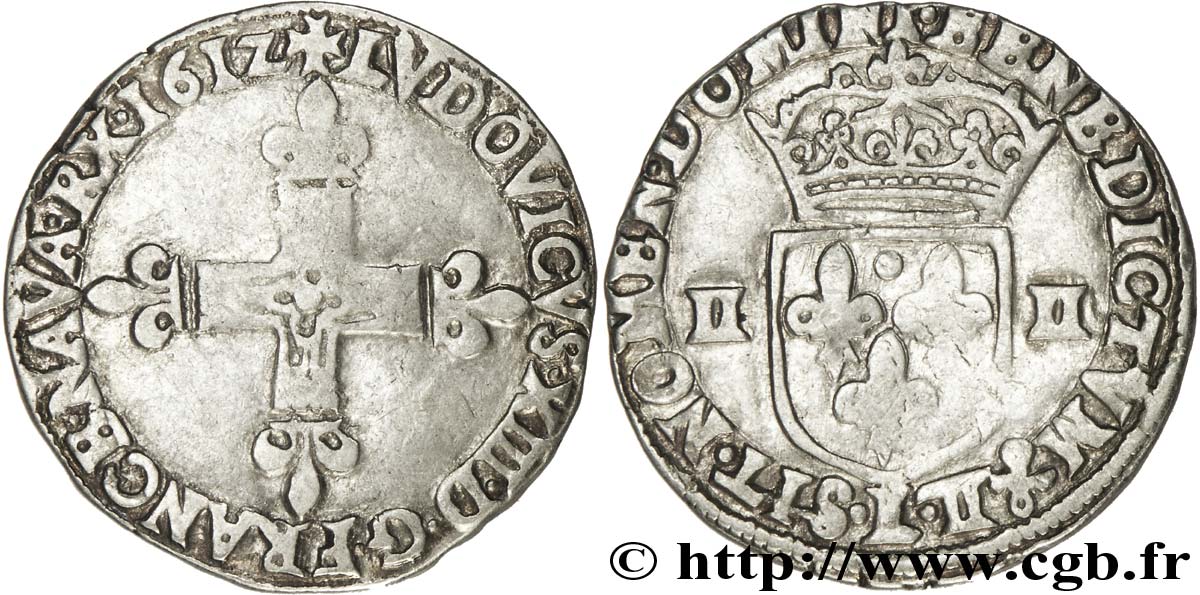 LOUIS XIII  Quart d écu, à la croix fleurdelisée, titulature côté croix 1612 Bayonne BB