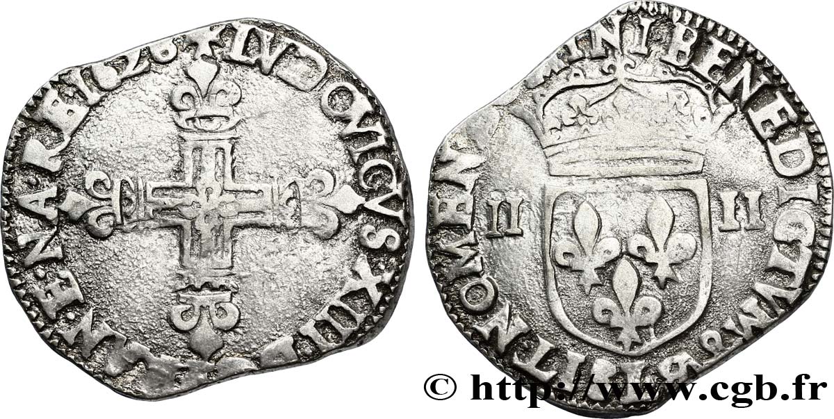 LOUIS XIII LE JUSTE Quart d&nbsp;écu, à la croix fleurdelisée, titulature côté croix 1628 Bayonne TTB