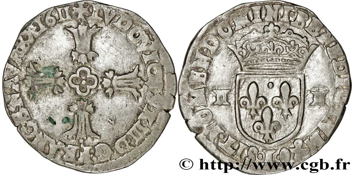 LOUIS XIII LE JUSTE Quart d&nbsp;écu, à la croix fleuronnée, titulature côté croix 1611 Bayonne TTB