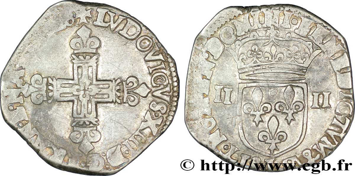 LOUIS XIII LE JUSTE Quart d&nbsp;écu, à la croix fleurdelisée, titulature côté croix 1628 Bayonne TTB
