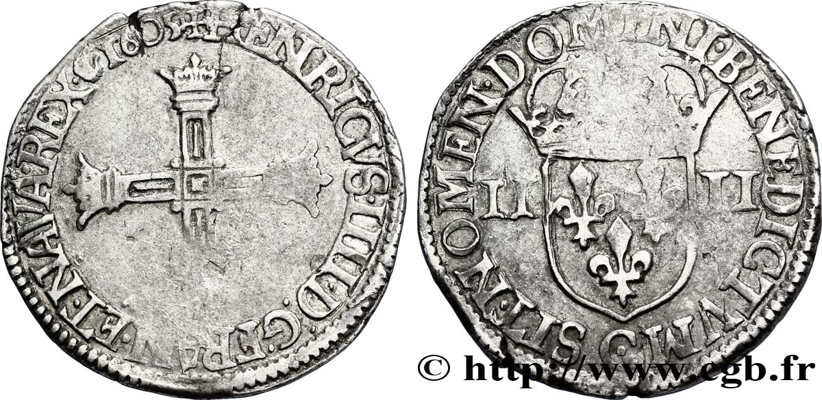 HENRI IV LE GRAND Quart d&nbsp;écu, croix bâtonnée et couronnée de face 1605 Saint-Lô TB+
