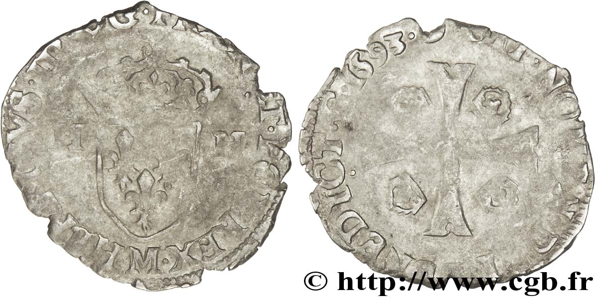 THE LEAGUE. COINAGE IN THE NAME OF HENRY III Douzain aux deux H, 1er type 1593 Toulouse VF