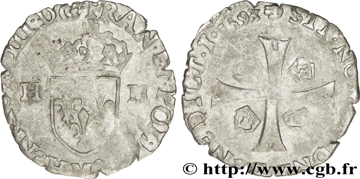 LA LIGUE. MONNAYAGE AU NOM D&nbsp;HENRI III Douzain aux deux H, 1er type 1593 Toulouse TB