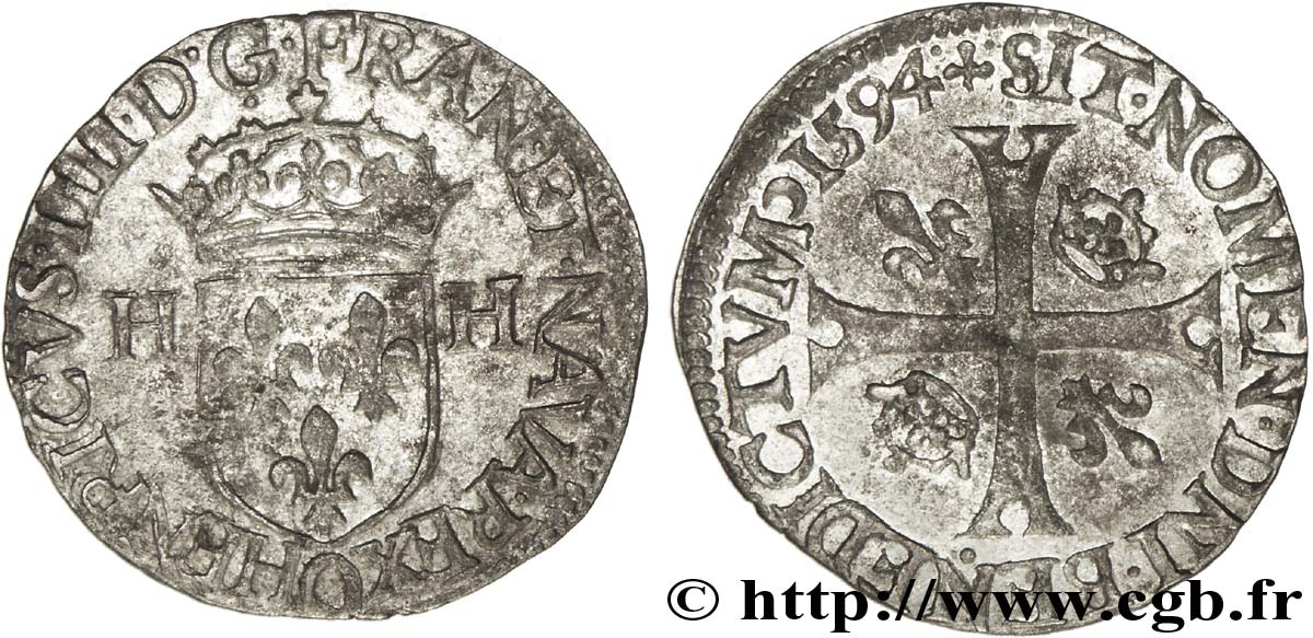 HENRI IV LE GRAND Douzain aux deux H, 2e type 1594 Riom TTB/TTB+