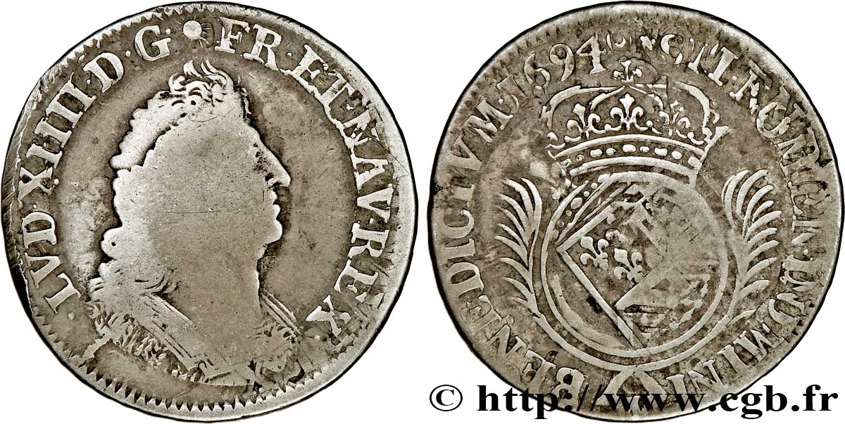LOUIS XIV  THE SUN KING  Quart d écu de Flandre aux palmes 1694 Lille q.MB/MB