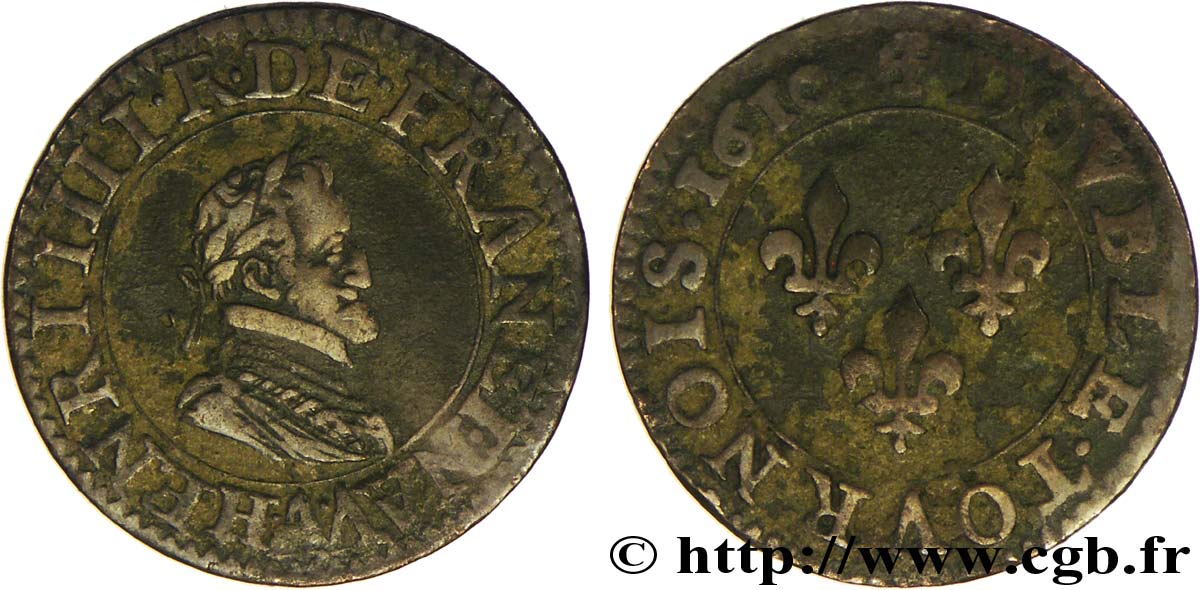 HENRI IV LE GRAND Double tournois, 1er type de Paris (légende française) 1610 Paris, Moulin des Étuves TB+