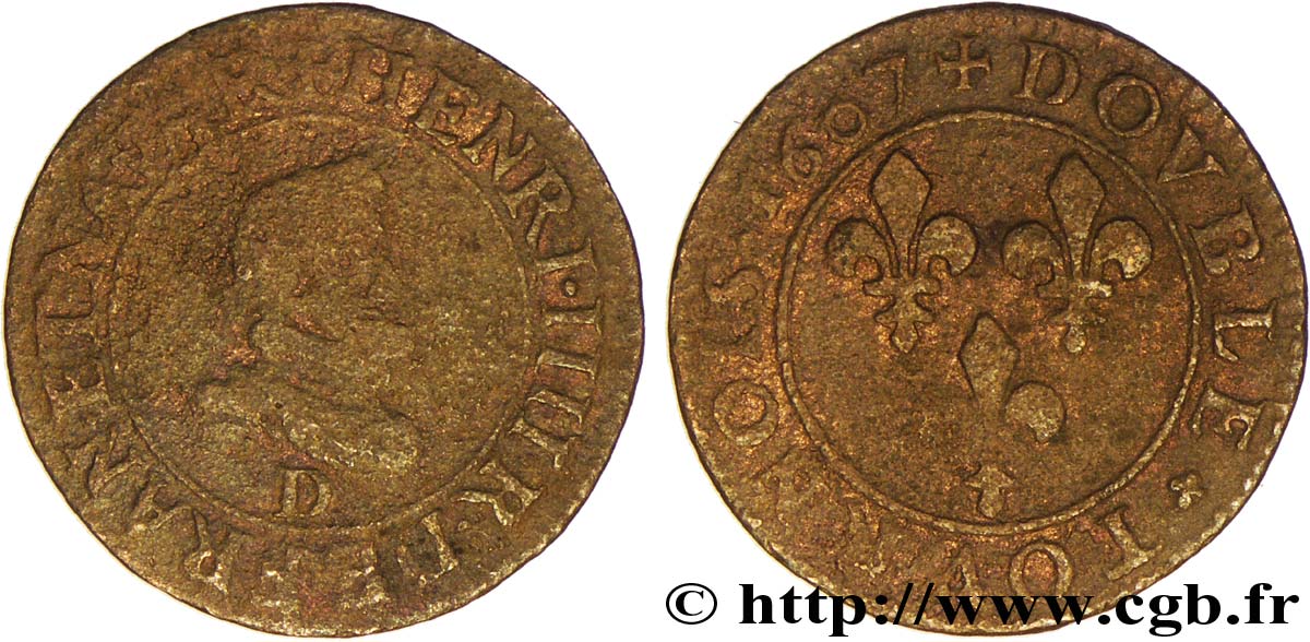 HENRI IV LE GRAND Double tournois, 1er type 1607 Lyon AB/B