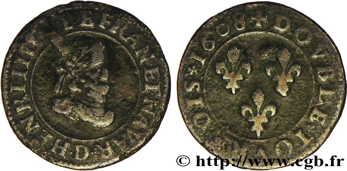 HENRI IV LE GRAND Double tournois, 1er type 1608 Lyon B+