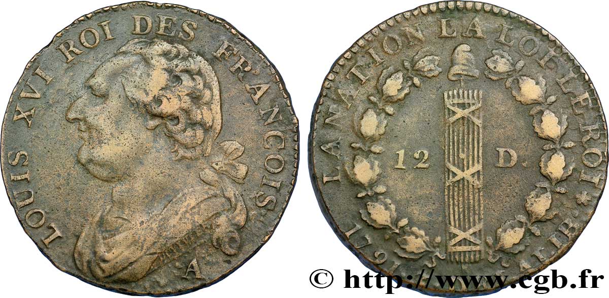 LOUIS XVI (MONARQUE CONSTITUTIONNEL)  12 deniers dit  au faisceau , type FRANCOIS 1791 Paris TTB