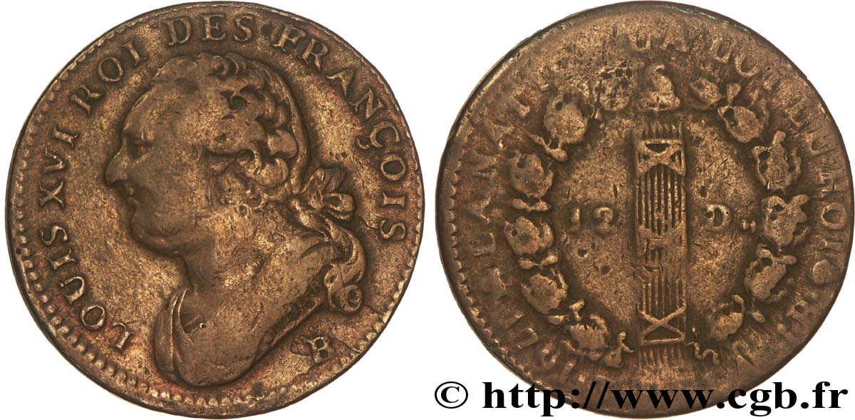 LOUIS XVI (MONARQUE CONSTITUTIONNEL)  12 deniers dit &nbsp;au faisceau&nbsp;, type FRANÇOIS 1791 Rouen TB+/B