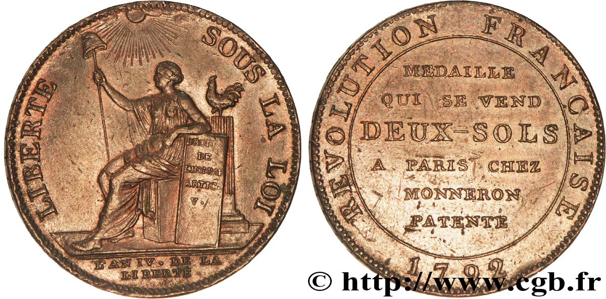 CONFIANCE (MONNAIES DE...) Monneron de 2 sols à la Liberté 1792 Birmingham, Soho TTB+/SUP