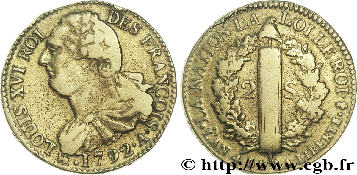 LOUIS XVI (MONARQUE CONSTITUTIONNEL)  2 sols dit &nbsp;au faisceau&nbsp;, type FRANÇOIS 1792 Paris TB+