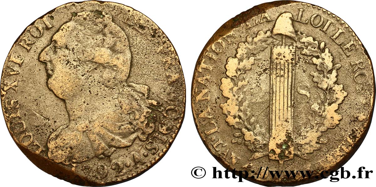 LOUIS XVI 2 sols dit  au faisceau , type FRANÇOIS 1792 Paris BC