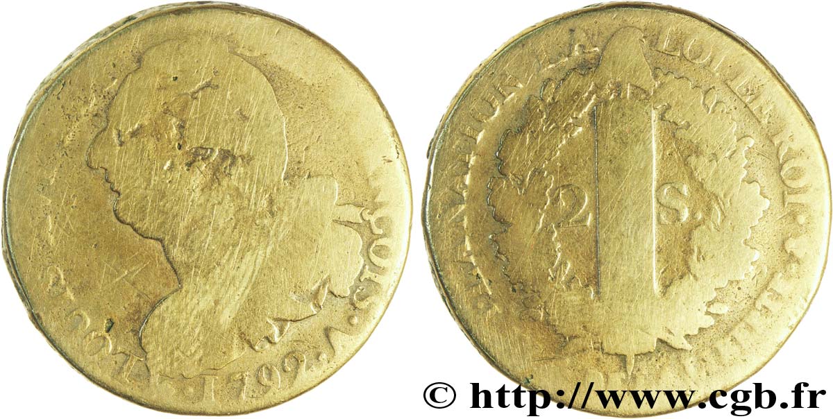 LOUIS XVI (MONARQUE CONSTITUTIONNEL)  2 sols dit  au faisceau , type FRANÇOIS 1792 Paris B