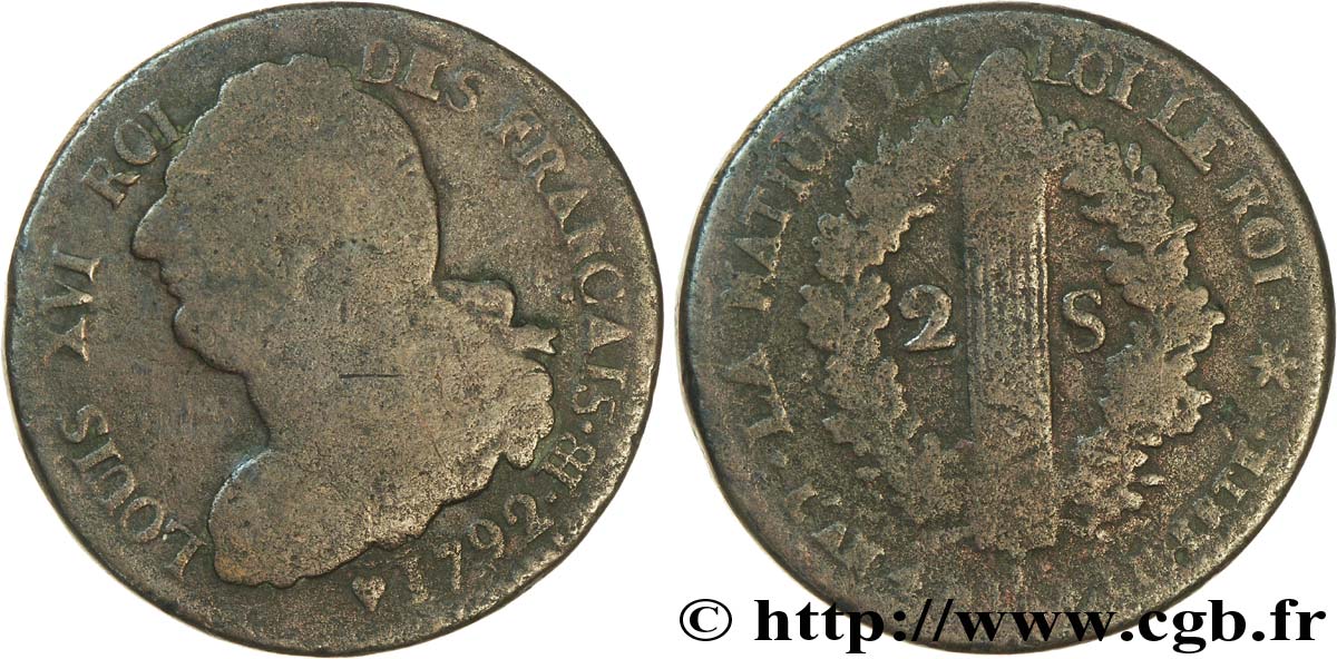 LOUIS XVI (MONARQUE CONSTITUTIONNEL)  2 sols dit  au faisceau , type FRANÇAIS 1792 Strasbourg B/B+