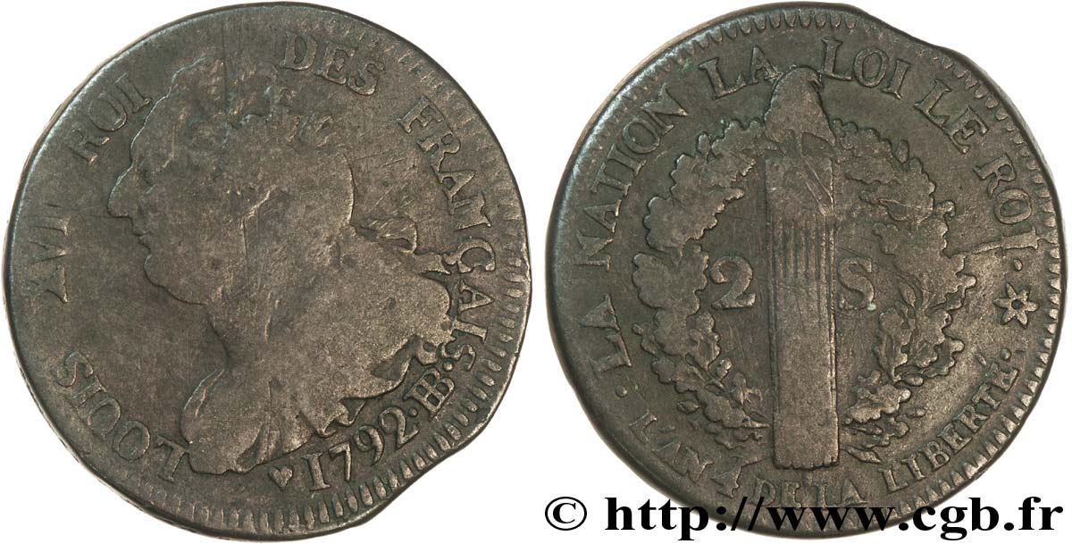 LOUIS XVI (MONARQUE CONSTITUTIONNEL)  2 sols dit  au faisceau , type FRANÇAIS 1792 Strasbourg B/B+
