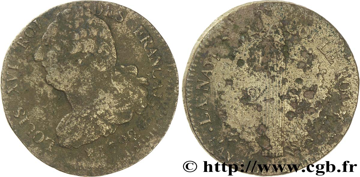 LOUIS XVI (MONARQUE CONSTITUTIONNEL)  2 sols dit  au faisceau , type FRANÇAIS 1792 Strasbourg B/AB