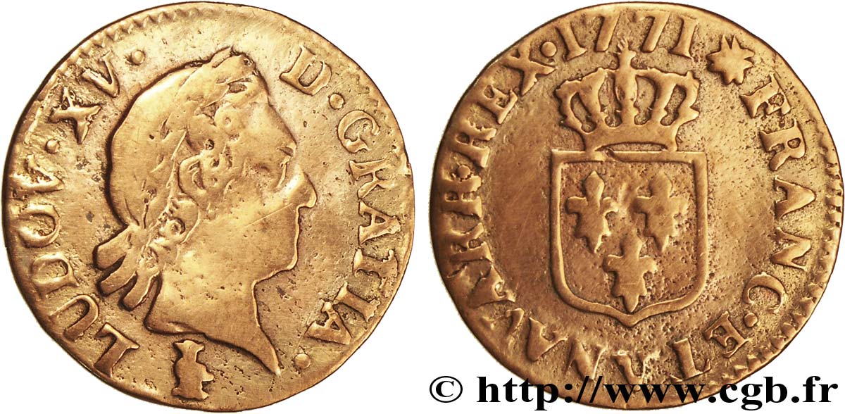 LOUIS XV DIT LE BIEN AIMÉ Liard &nbsp;à la vieille tête&nbsp; 1771 Troyes TB+
