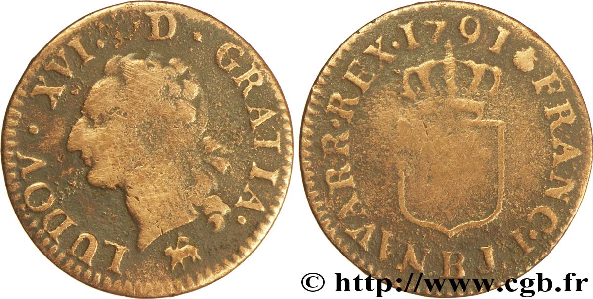 LOUIS XVI (MONARQUE CONSTITUTIONNEL)  Liard dit  à l écu  1791 Rouen B+