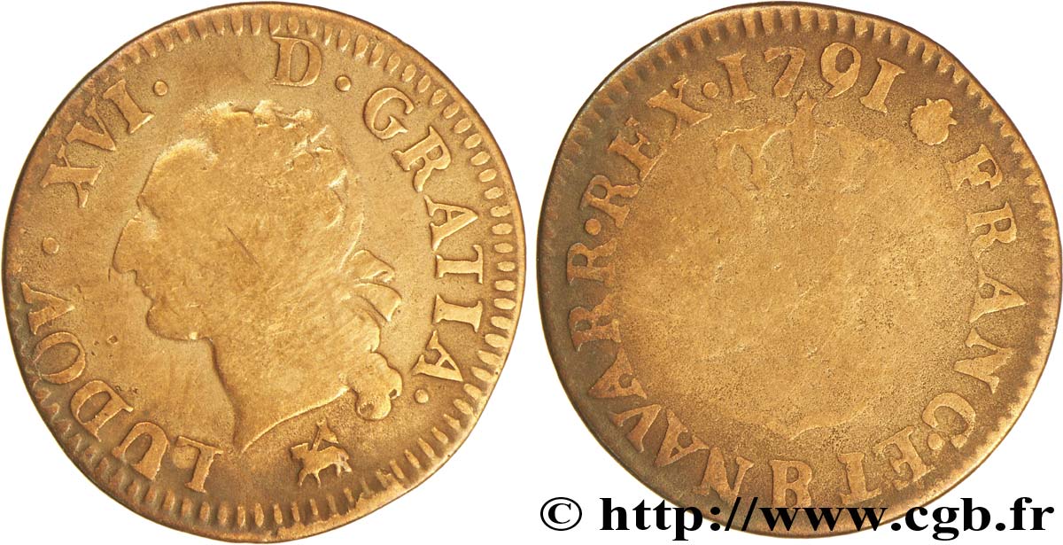 LOUIS XVI (MONARQUE CONSTITUTIONNEL)  Liard dit  à l écu  1791 Rouen TB/B