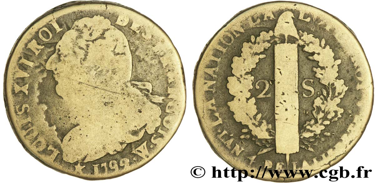 LOUIS XVI (MONARQUE CONSTITUTIONNEL)  2 sols dit &nbsp;au faisceau&nbsp;, type FRANÇOIS 1792 Lille B