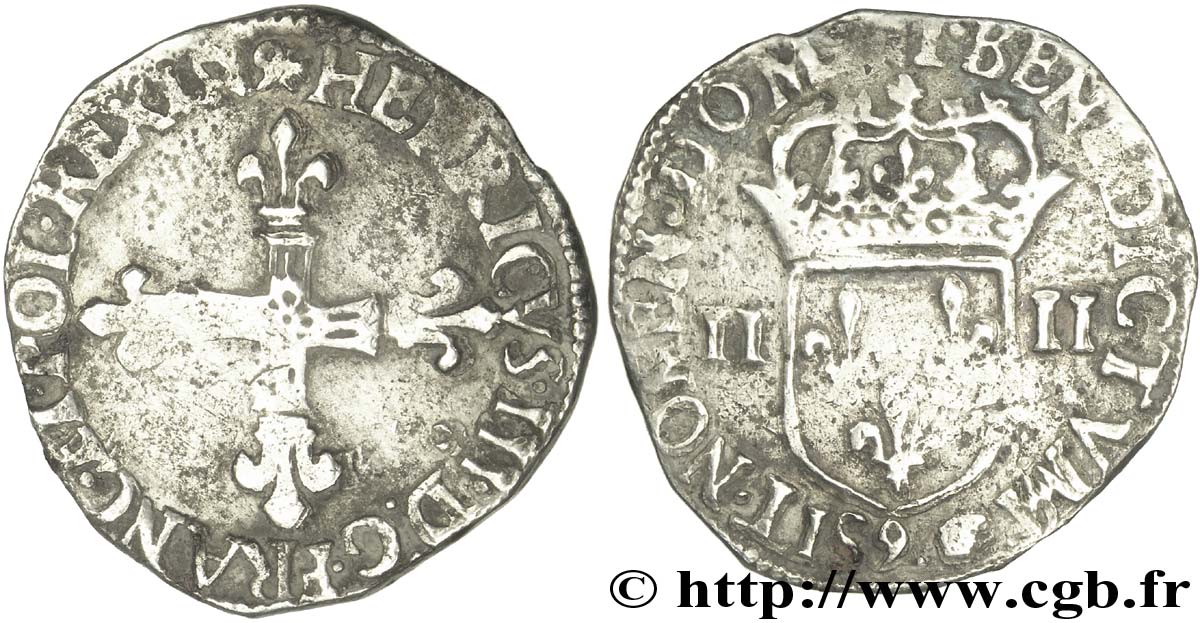 HENRI III Quart d écu, croix de face 1589 Rennes TB