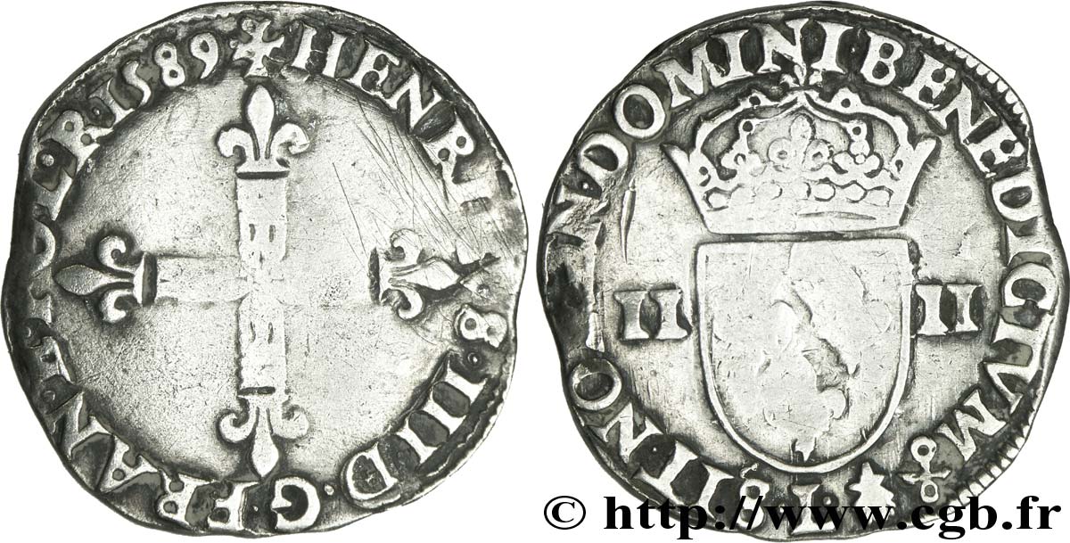 HENRI III Quart d écu, croix de face 1589 Bayonne TB