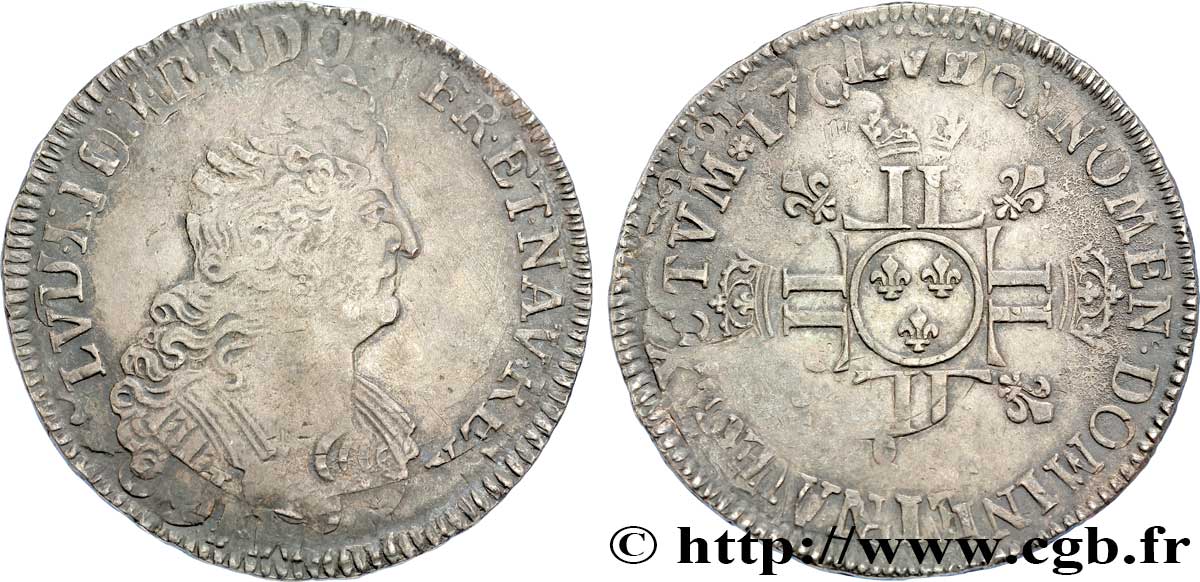 LOUIS XIV LE GRAND OU LE ROI SOLEIL Demi-écu aux huit L 1704 Paris TB+