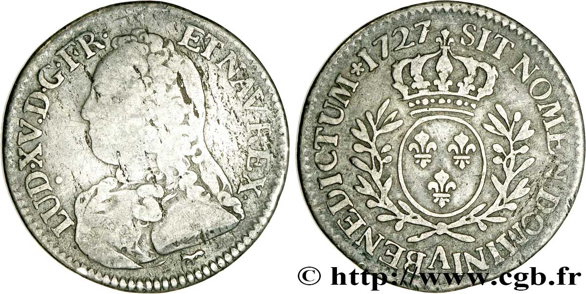 LOUIS XV DIT LE BIEN AIMÉ Cinquième d&nbsp;écu aux branches d&nbsp;olivier, buste habillé 1727 Paris TB/TTB