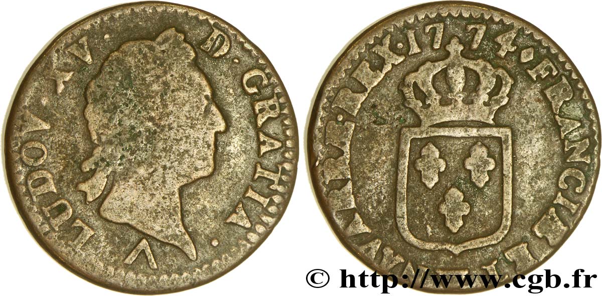 LOUIS XV DIT LE BIEN AIMÉ Sol dit &nbsp;à la vieille tête&nbsp; 1774 Lille B+