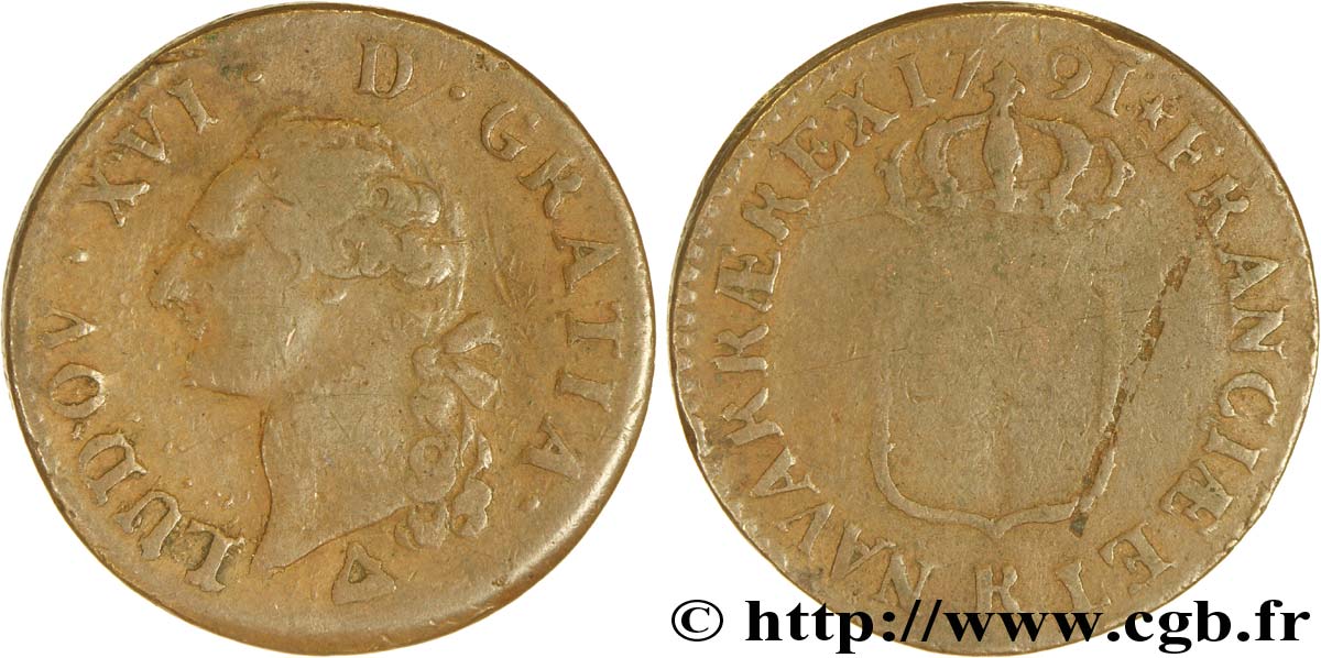 LOUIS XVI (MONARQUE CONSTITUTIONNEL)  Sol dit “à l écu” 1791 Orléans TB/B