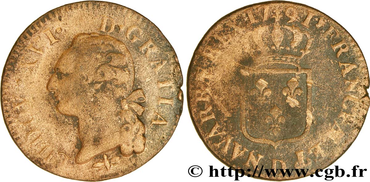 LOUIS XVI (MONARQUE CONSTITUTIONNEL)  Sol dit  à l écu  1791 Lyon B+