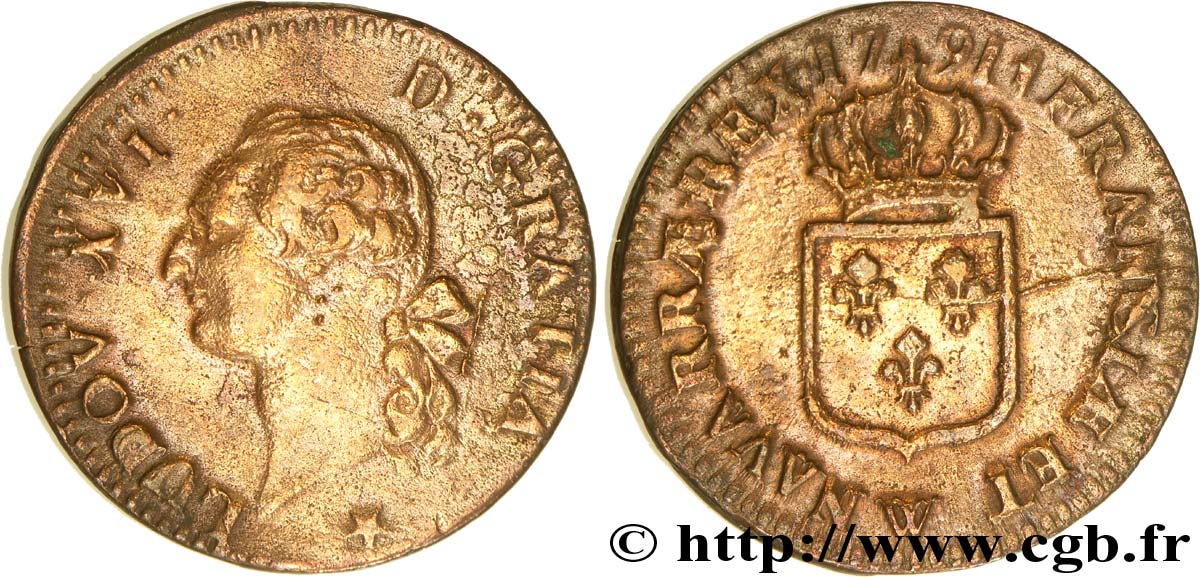 LOUIS XVI Sol dit “à l&nbsp;écu” 1791 Lille VF