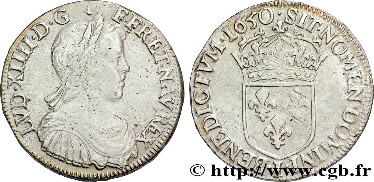 LOUIS XIV LE GRAND OU LE ROI SOLEIL Demi-écu, portrait à la mèche longue 1650 Limoges TTB