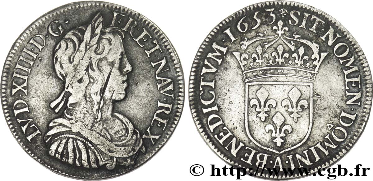 LOUIS XIV LE GRAND OU LE ROI SOLEIL Demi-écu, portrait à la mèche longue 1653 Paris TB+