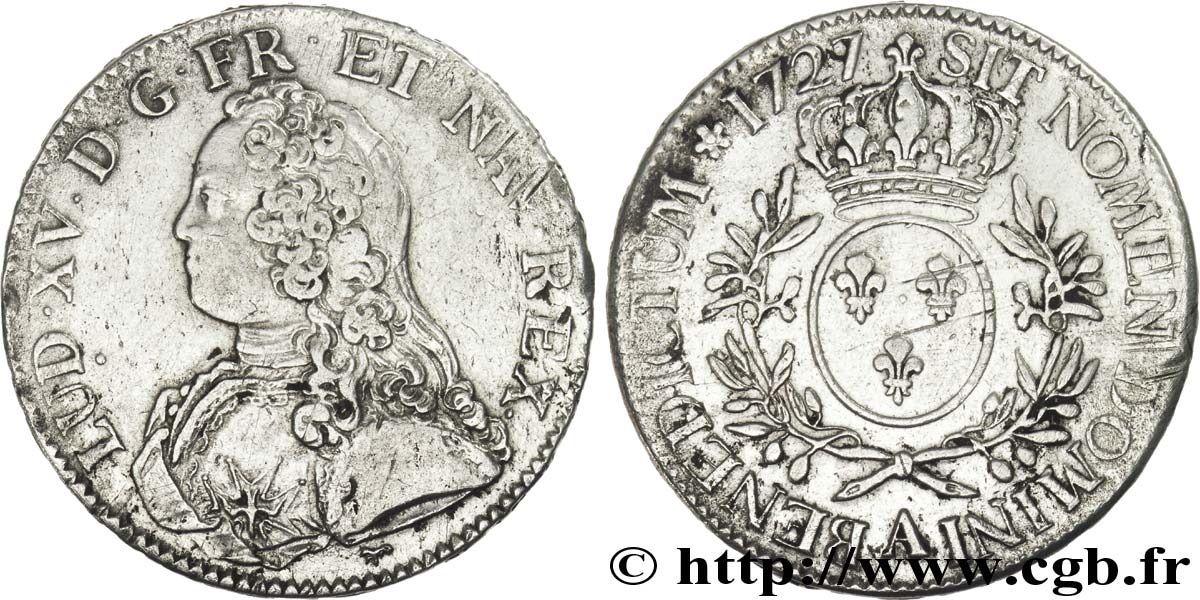 LOUIS XV THE BELOVED Écu aux branches d olivier, buste habillé 1727 Paris VF