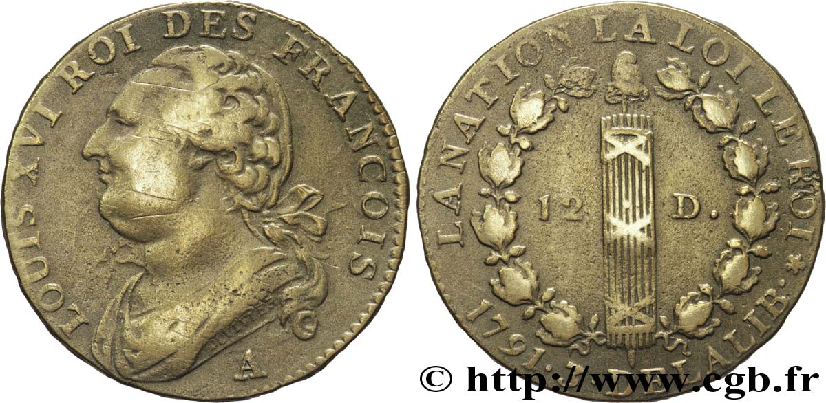 LOUIS XVI 12 deniers dit  au faisceau , type FRANCOIS 1791 Paris, Monnaie de Matignon fSS