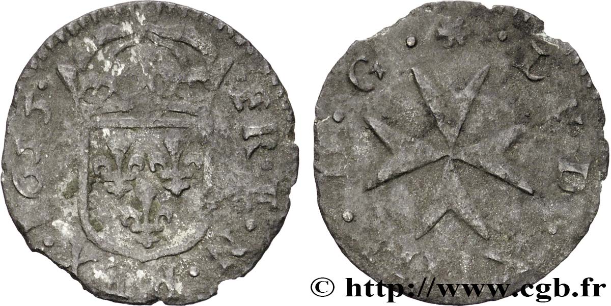 LOUIS XIV LE GRAND OU LE ROI SOLEIL Liard de Lyon à la croix du Saint-Esprit 1655 Lyon TB/B+