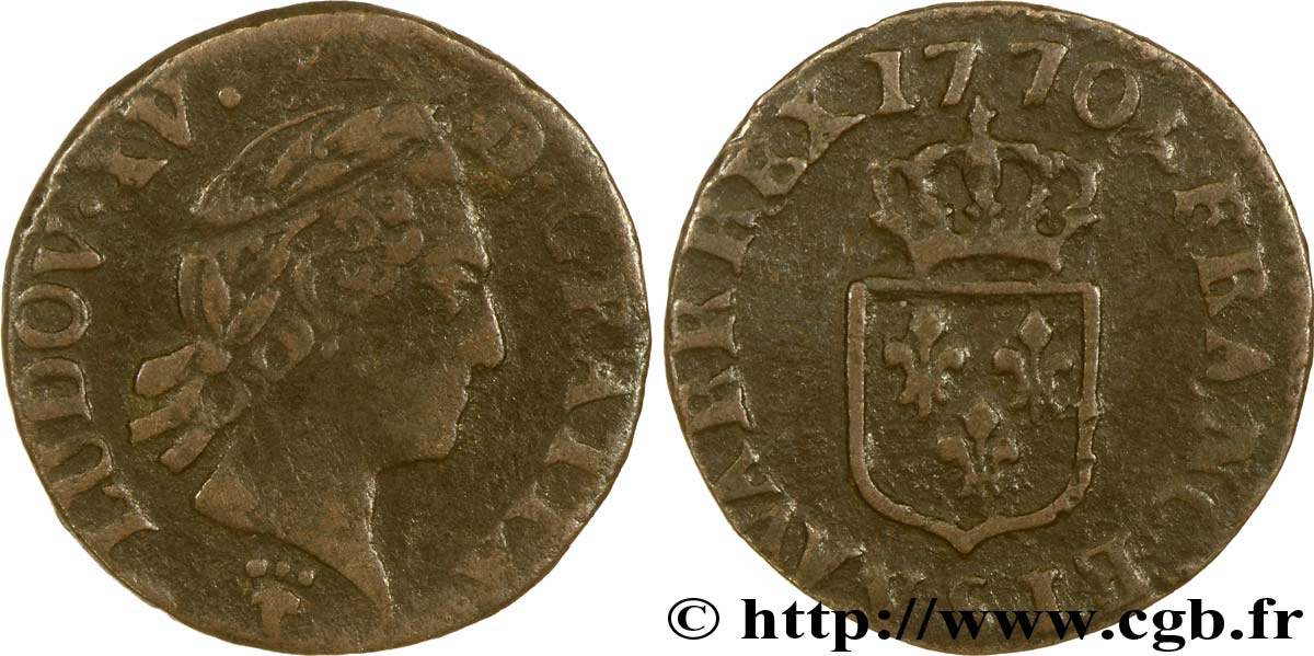 LOUIS XV DIT LE BIEN AIMÉ Liard dit  à la vieille tête  1770 Reims TB