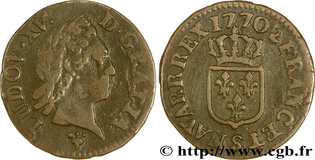 LOUIS XV  THE WELL-BELOVED  Liard dit  à la vieille tête  1770 Reims VF/VF