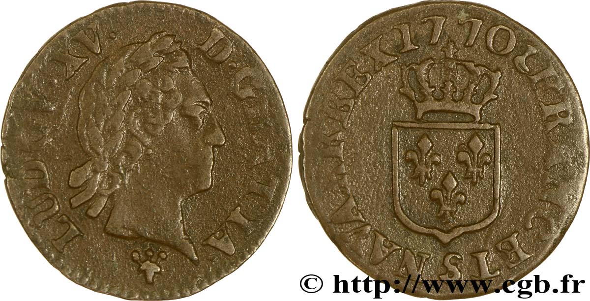 LOUIS XV DIT LE BIEN AIMÉ Liard dit  à la vieille tête  1770 Reims TB+