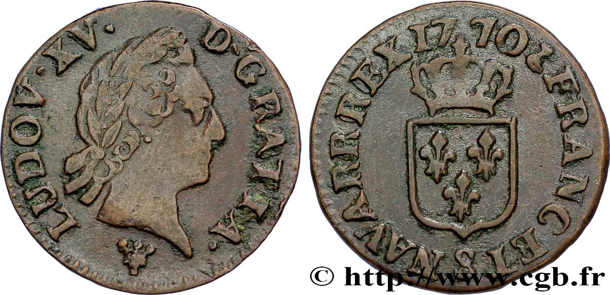 LOUIS XV DIT LE BIEN AIMÉ Liard dit “à la vieille tête” 1770 Reims TTB