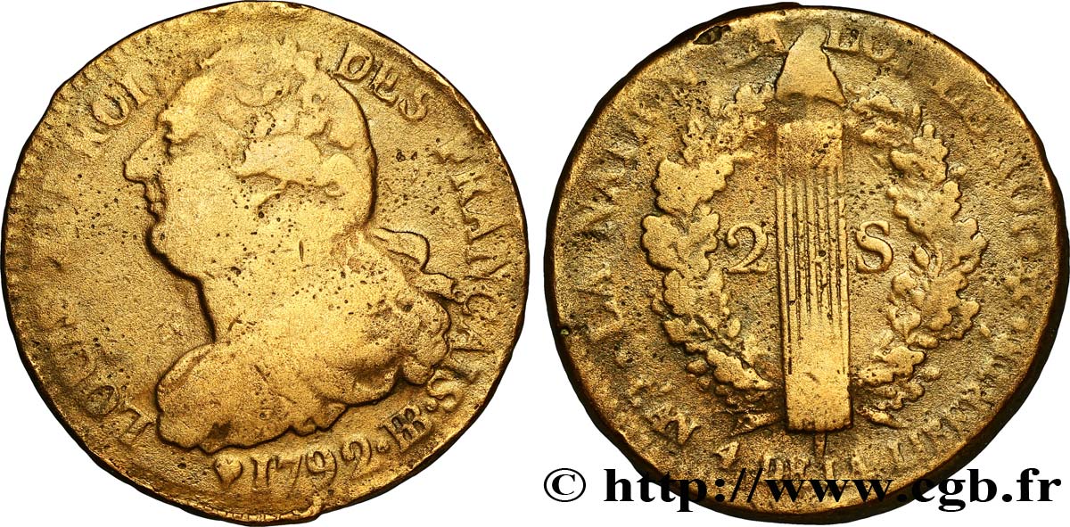 LOUIS XVI (MONARQUE CONSTITUTIONNEL)  2 sols dit  au faisceau , type FRANÇAIS 1792 Strasbourg TB