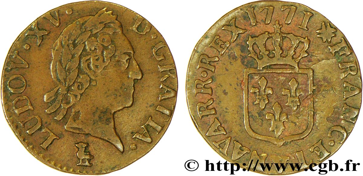 LOUIS XV DIT LE BIEN AIMÉ Liard &nbsp;à la vieille tête&nbsp; 1771 Troyes TTB