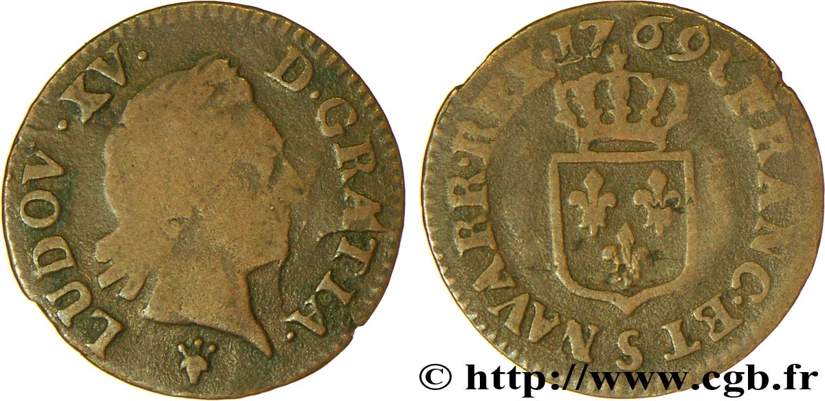 LOUIS XV DIT LE BIEN AIMÉ Liard dit &nbsp;à la vieille tête&nbsp; 1769 Reims TB