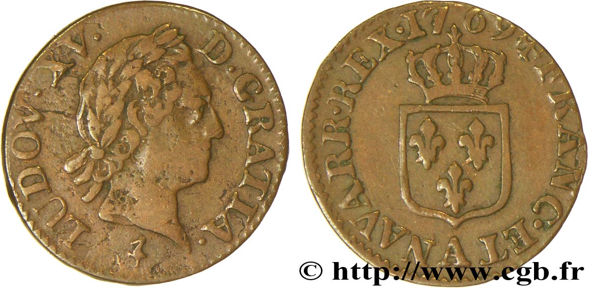 LOUIS XV DIT LE BIEN AIMÉ Liard dit &nbsp; à la vieille tête &nbsp; 1769 Paris B+
