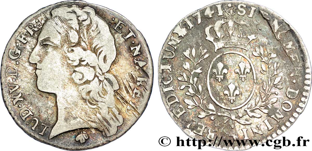 LOUIS XV DIT LE BIEN AIMÉ Dixième d&nbsp;écu aux branches d’olivier, tête ceinte d’un bandeau 1741 Pau TB+