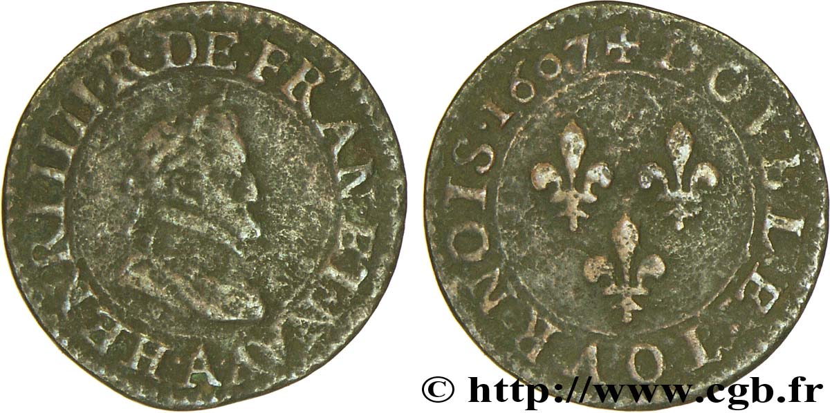 HENRI IV LE GRAND Double tournois, 1er type de Paris (légende française) 1607 Paris, Moulin des Étuves B+