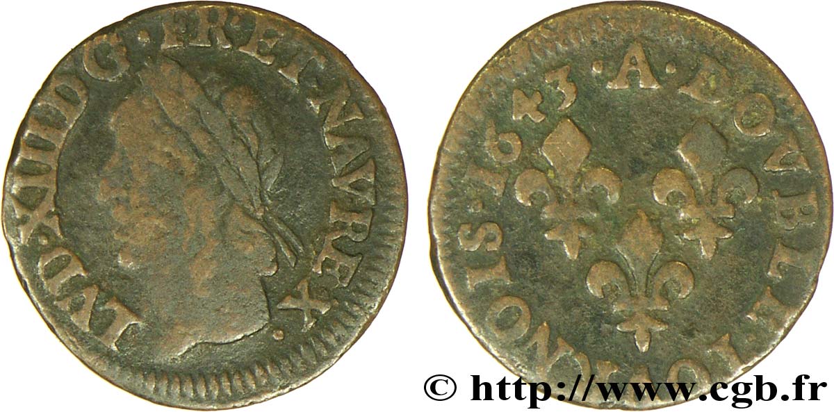 LOUIS XIII LE JUSTE Double tournois, type de Warin 1643 Corbeil B+/TB